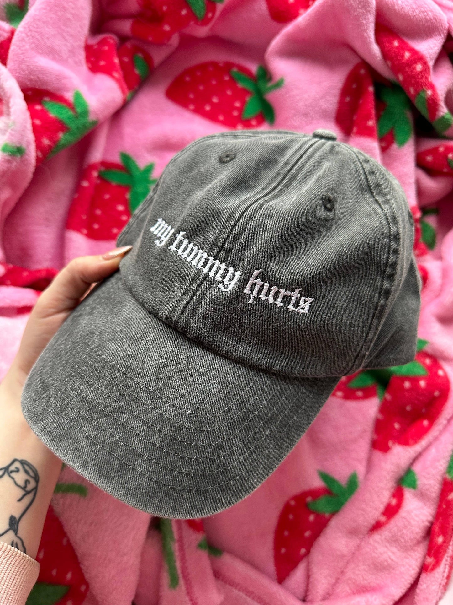 My Tummy Hurts embroidered baseball cap: Acid Wash Black
