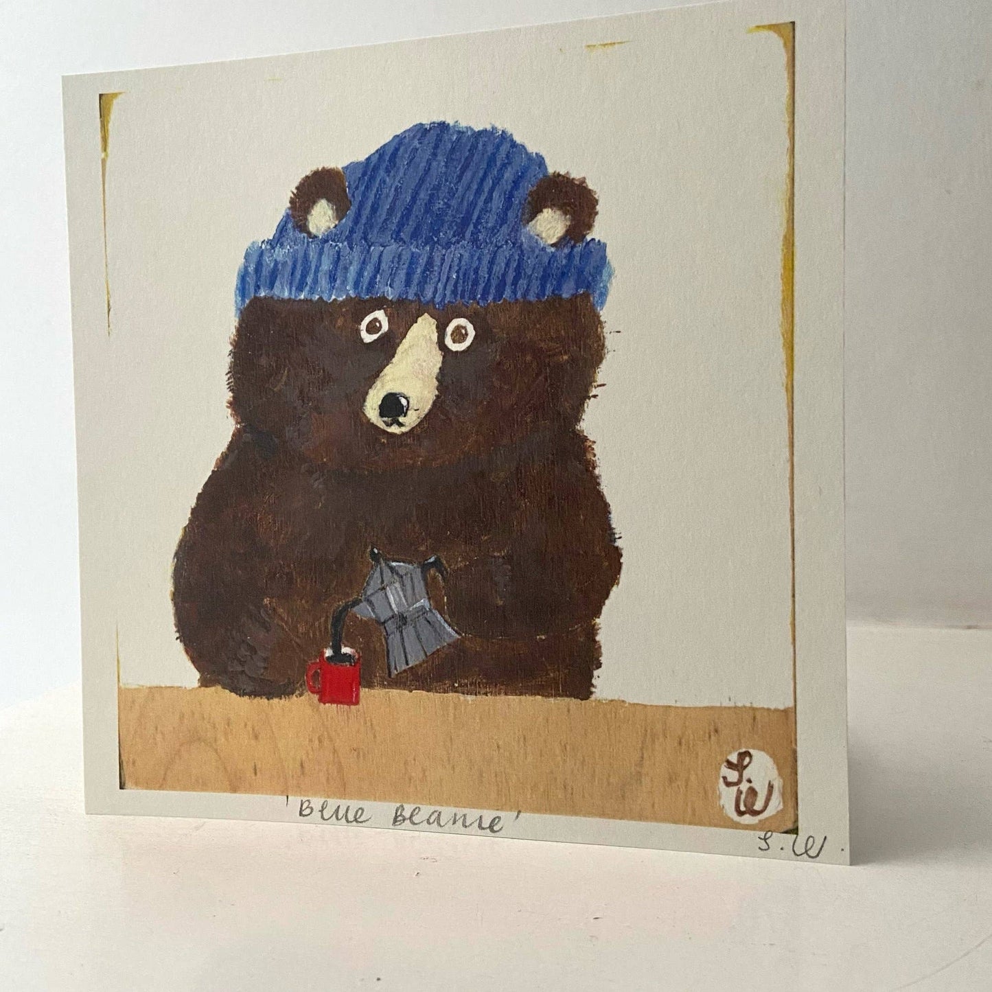 Small square art print -Blue Beanie Bear