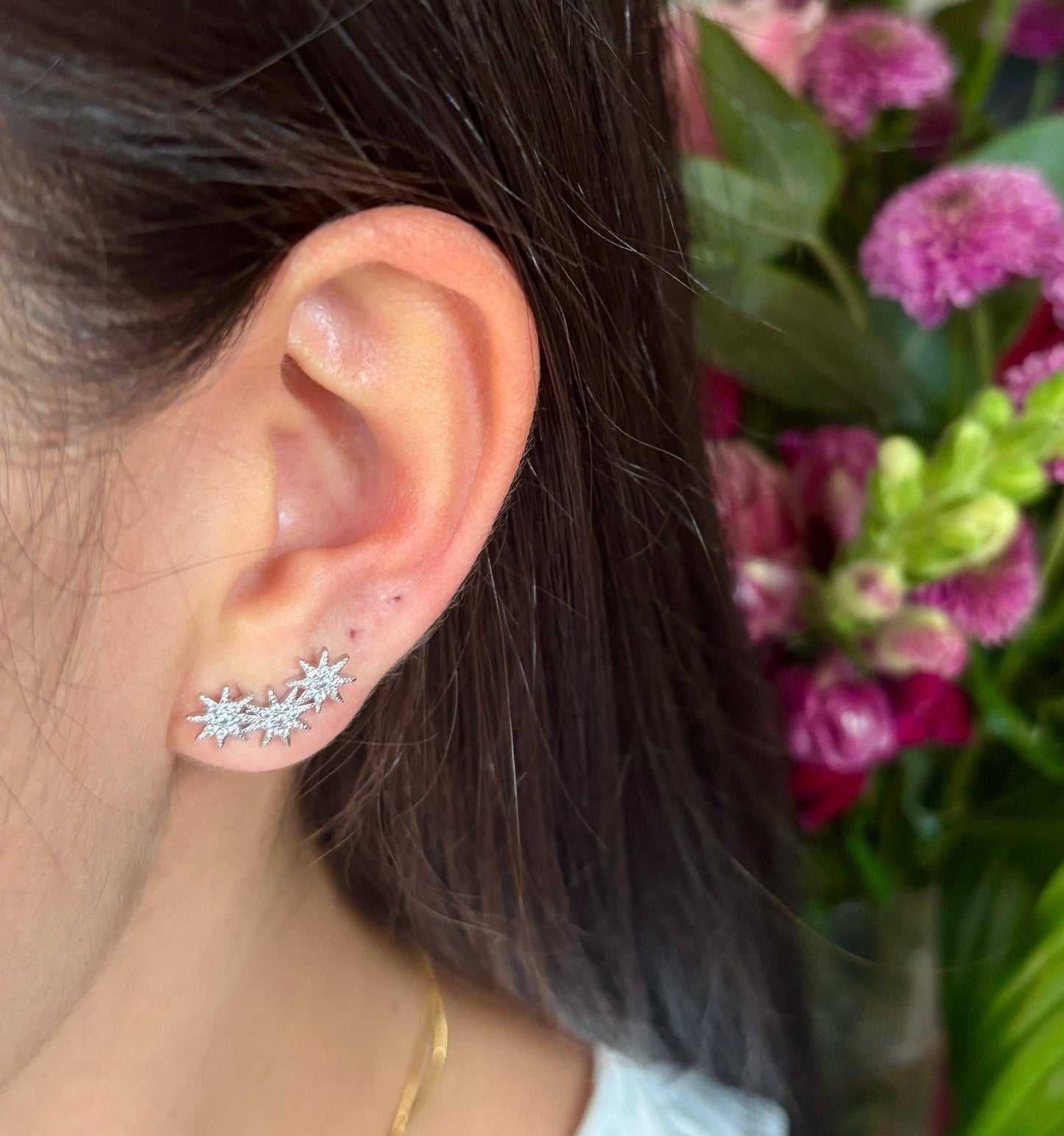 14ct Gold Plated Cubic Zirconia Triple Stars Climber Earrings - Available in Silver: Silver