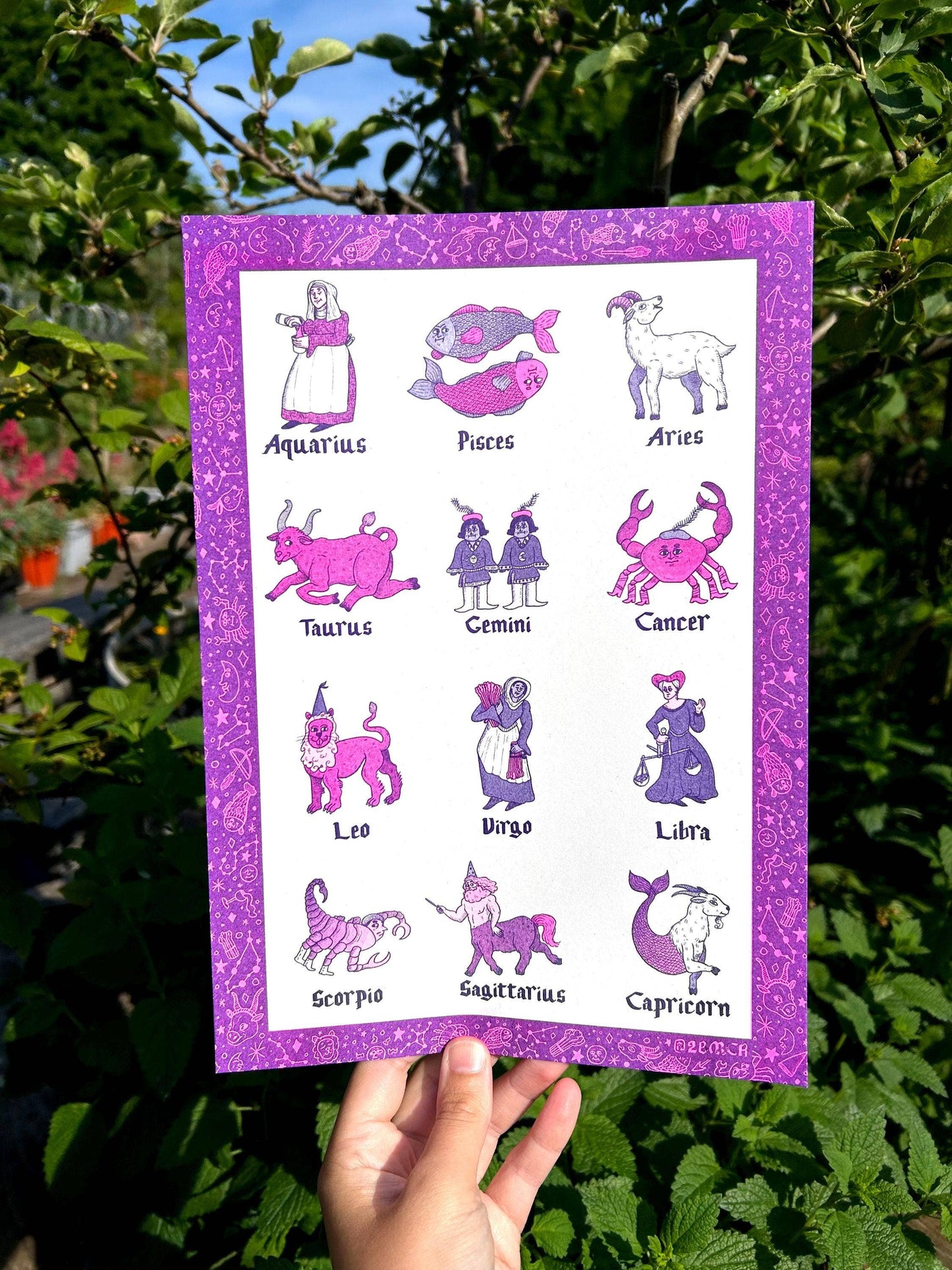 Medieval Illuminated Horoscope Risograph Print Poster