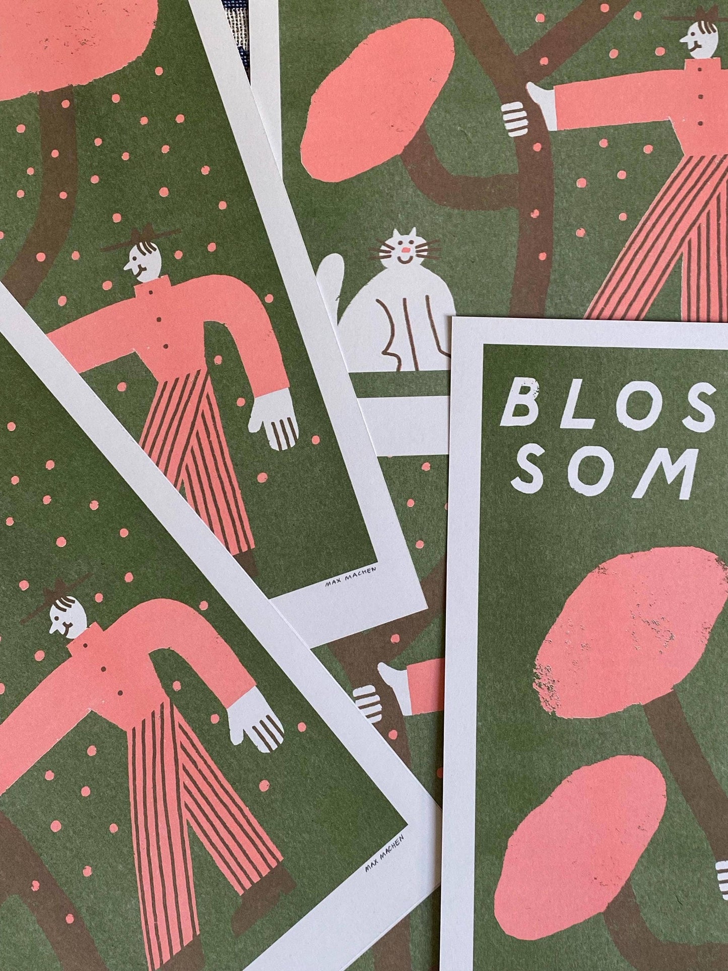 Man and cat shaking blossom riso print (A3)