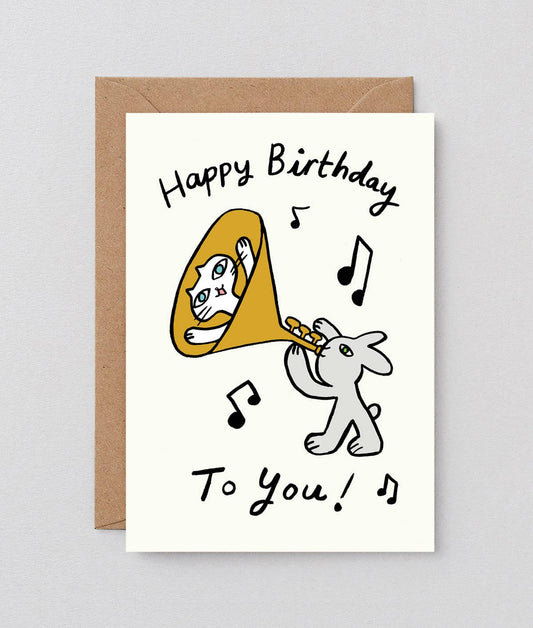 Happy Birthday Cat Trumpet' Embossed Greetings Card