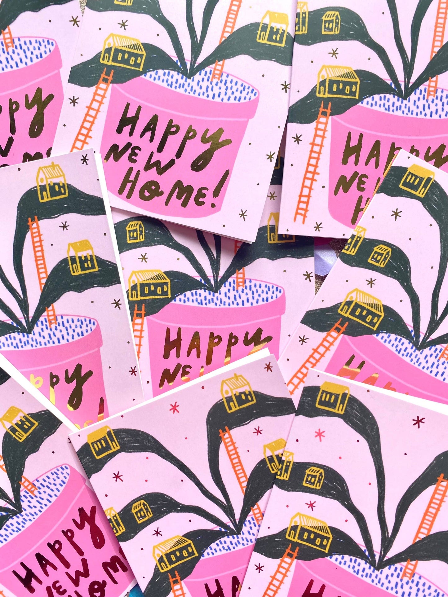 Happy New Home House Plant Gold Greetings Card