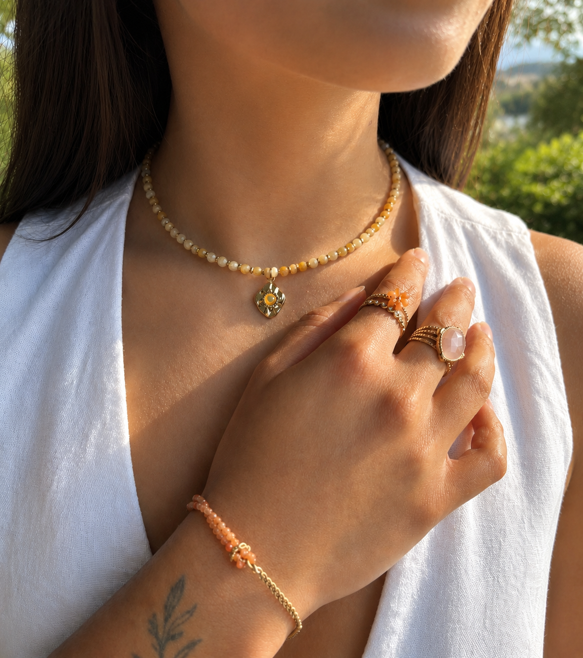18ct Gold Plated Yellow Mother of Pearl Beads Necklace