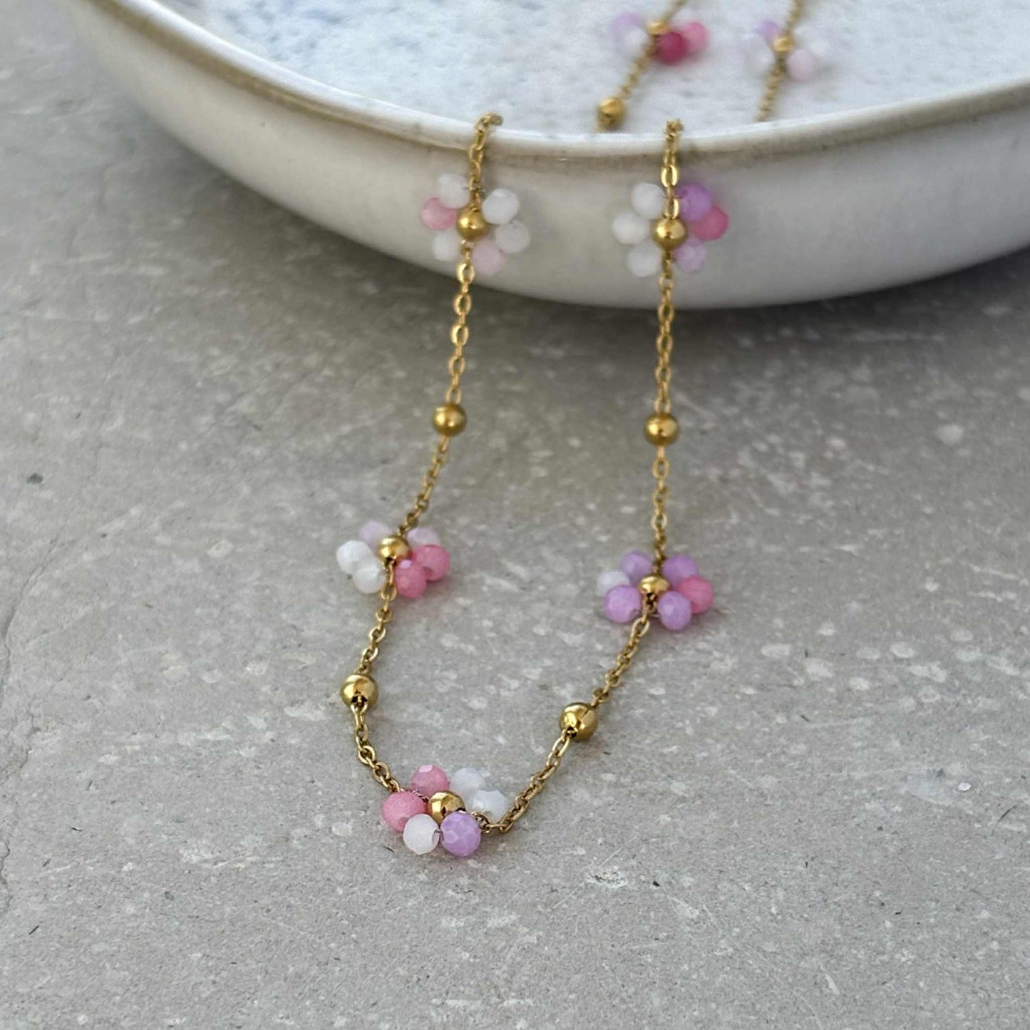 Tarnish Resistant Flower Beaded Necklace: Light Pink
