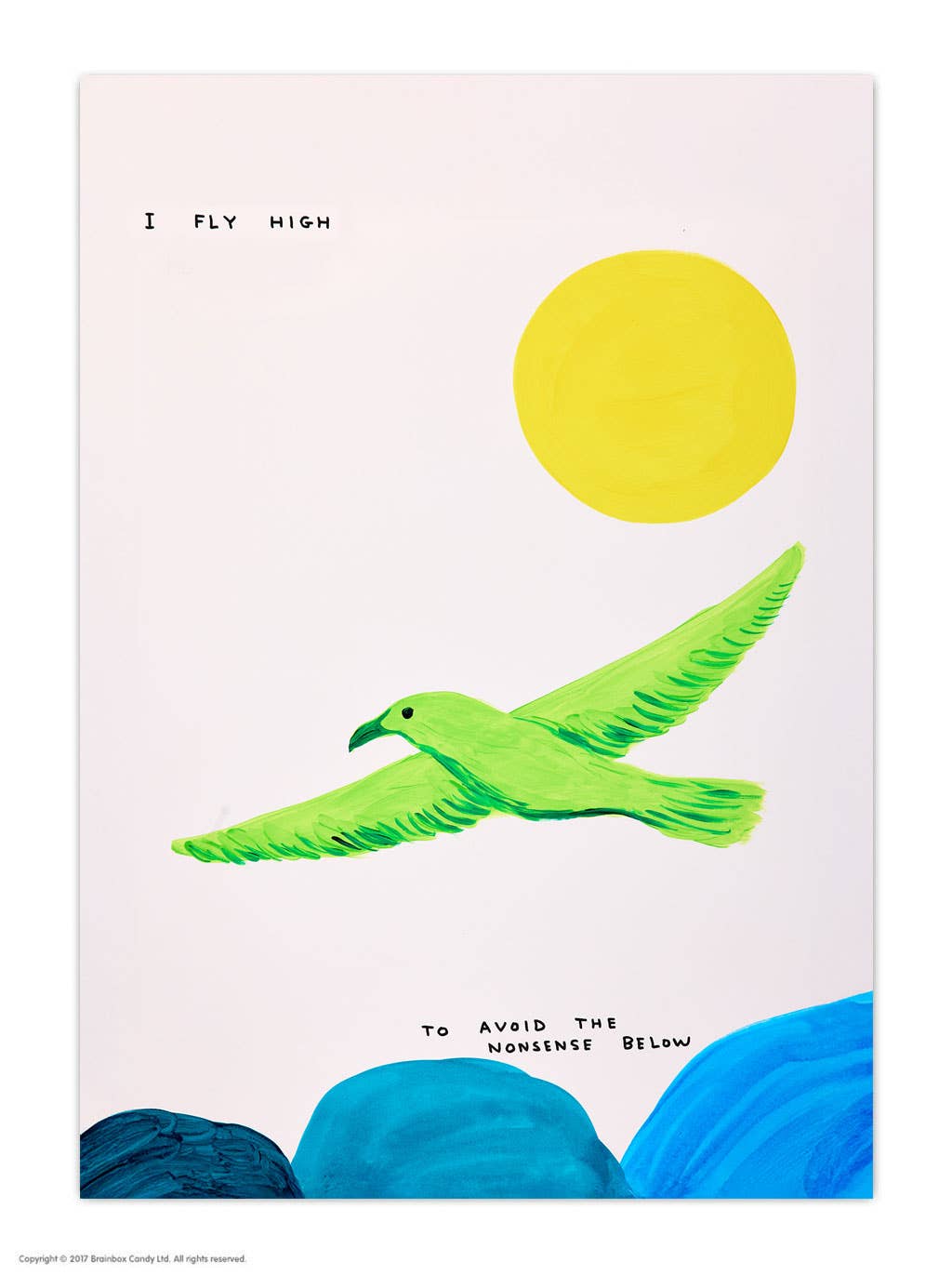 Funny A6 Art Postcard by David Shrigley - I Fly High