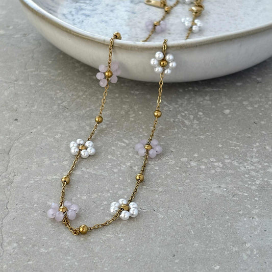 Tarnish Resistant Flower Beaded Necklace: Light Pink