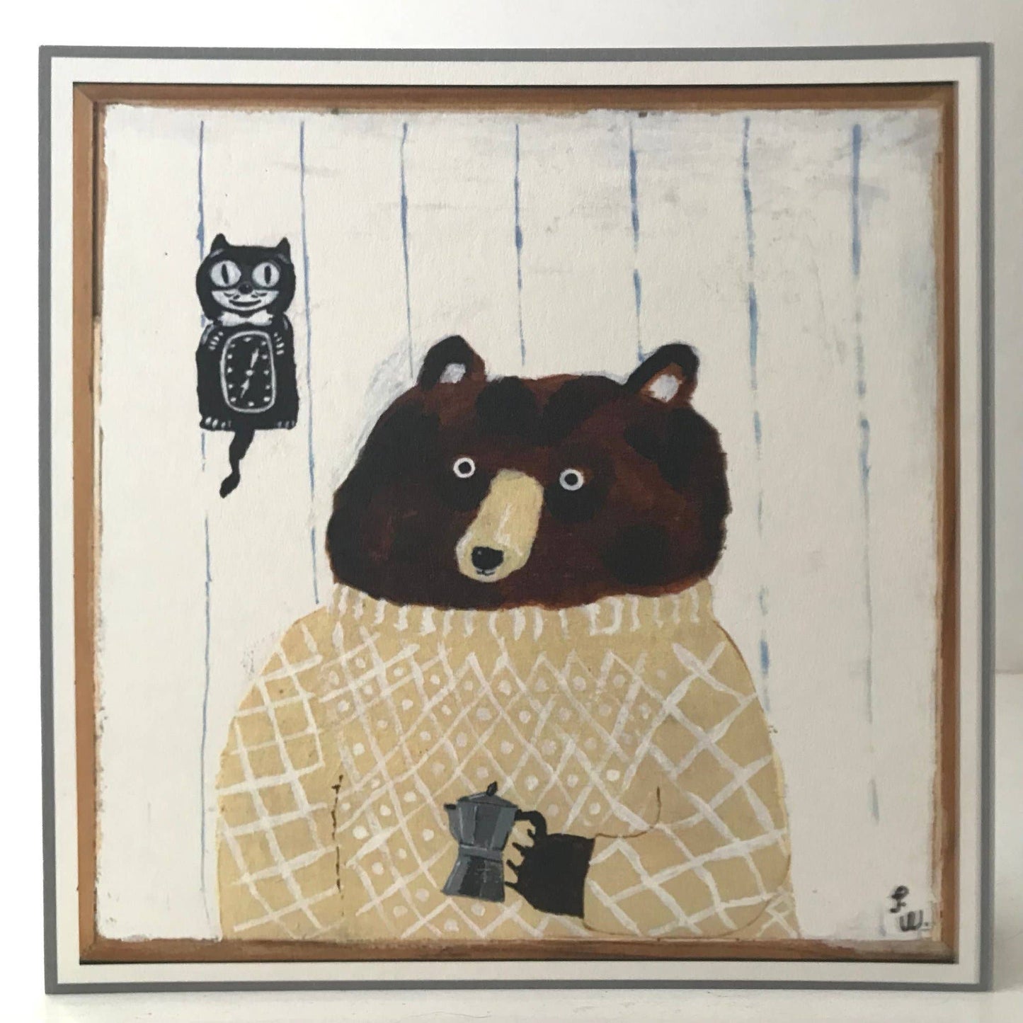 Small square print featuring a bear with coffee