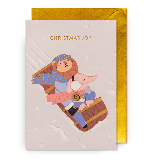 Kind friends sledging Christmas Card