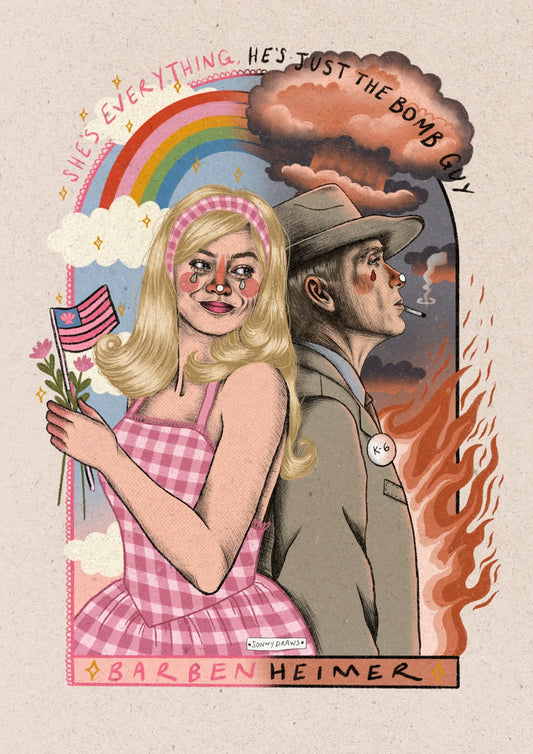 Barbie vs Oppenheimer A4 Art Print