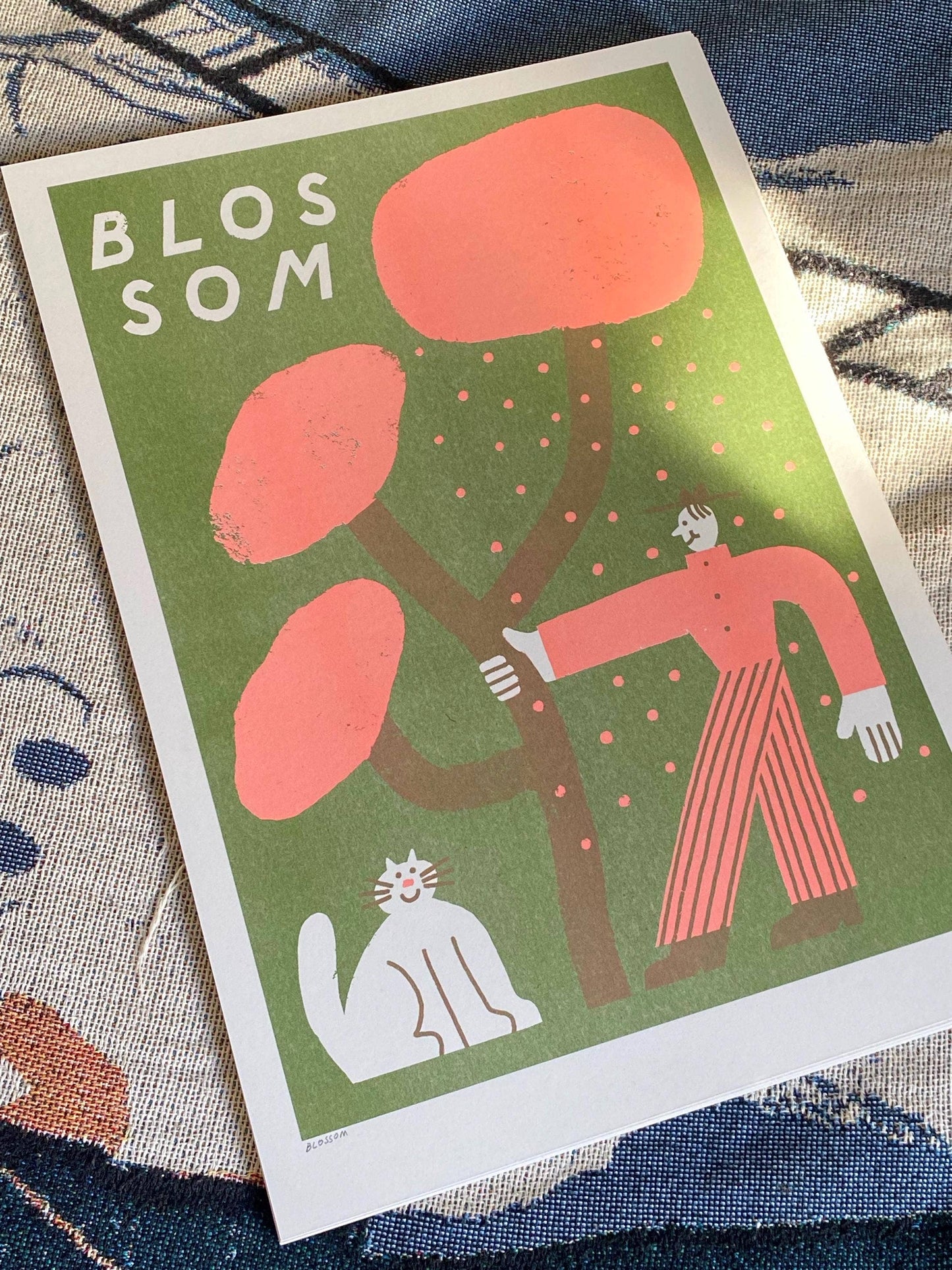 Man and cat shaking blossom riso print (A3)