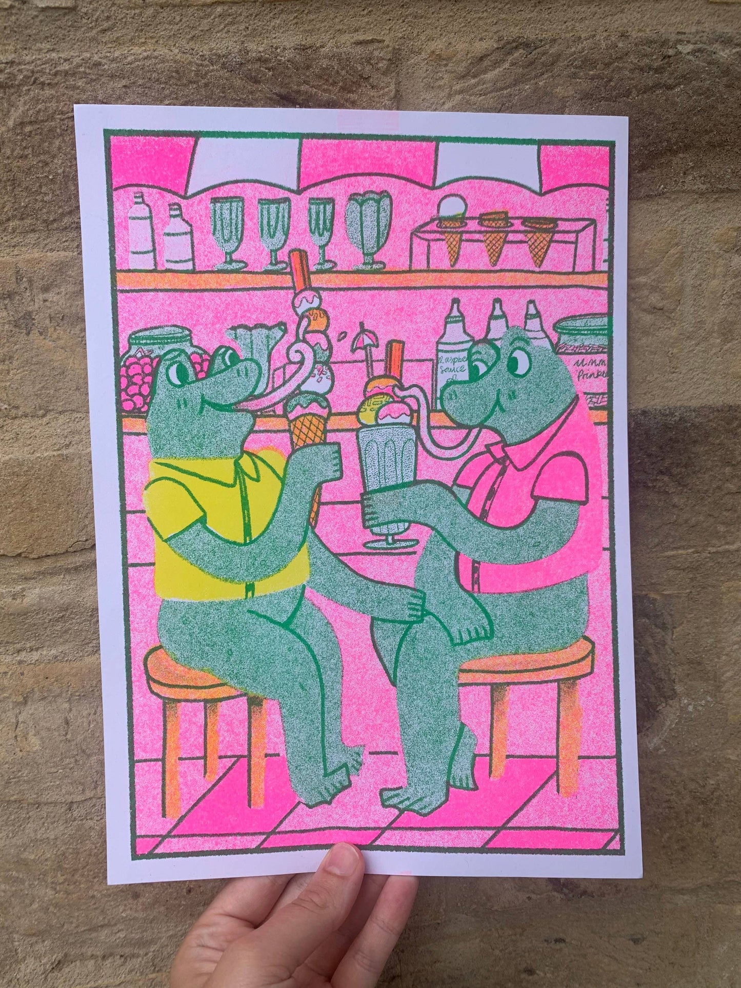 Ice Cream Parlour Frogs A4 Risograph Print