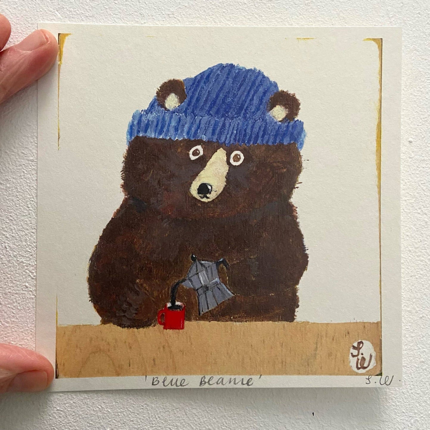 Small square art print -Blue Beanie Bear