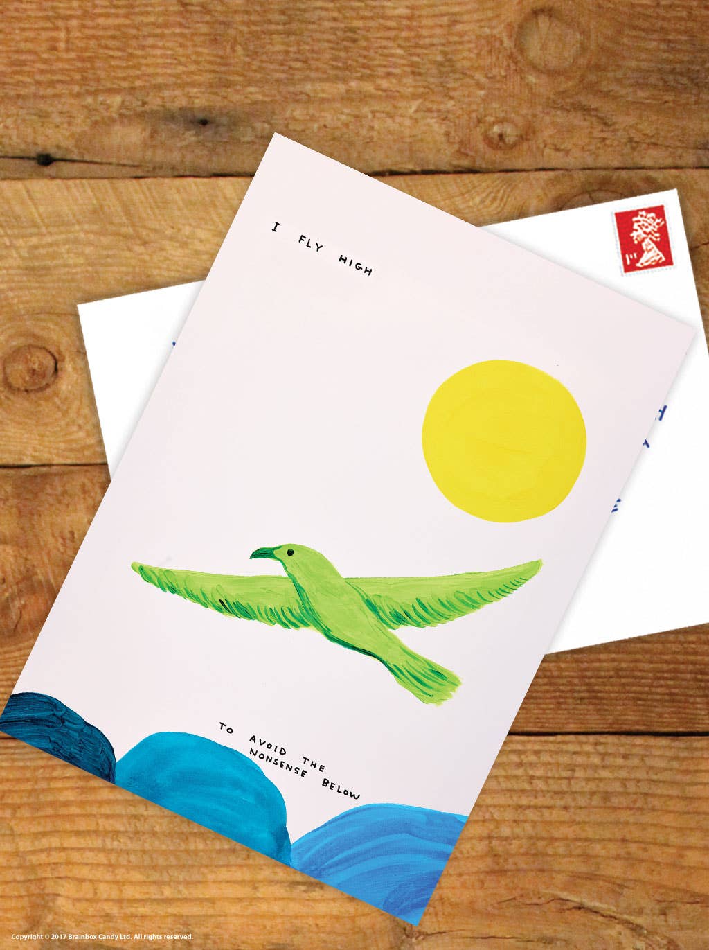 Funny A6 Art Postcard by David Shrigley - I Fly High