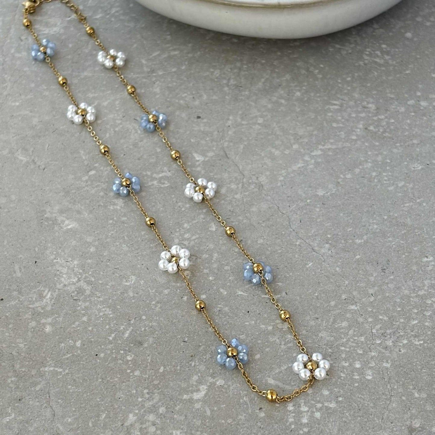 Tarnish Resistant Flower Beaded Necklace: Light Blue