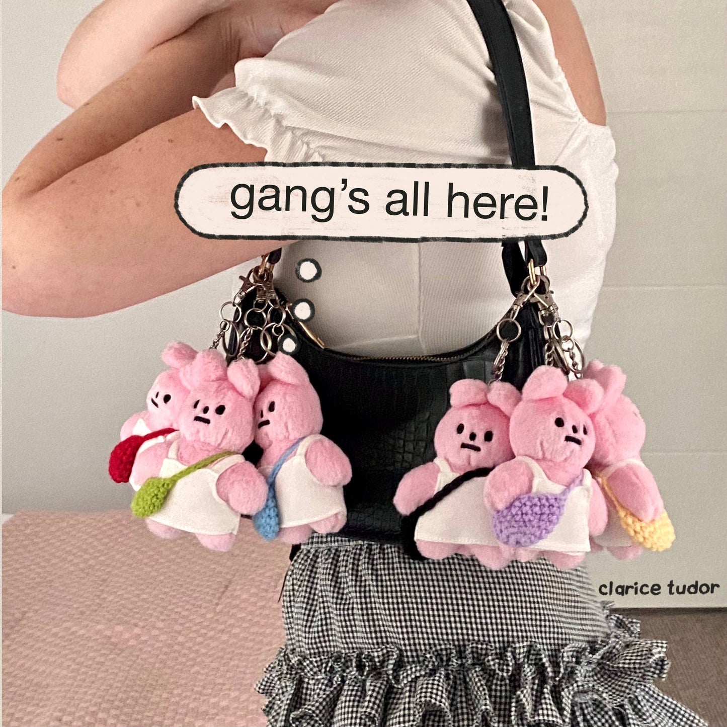 Pink Rabbit Plushie Keyring: Black Bag