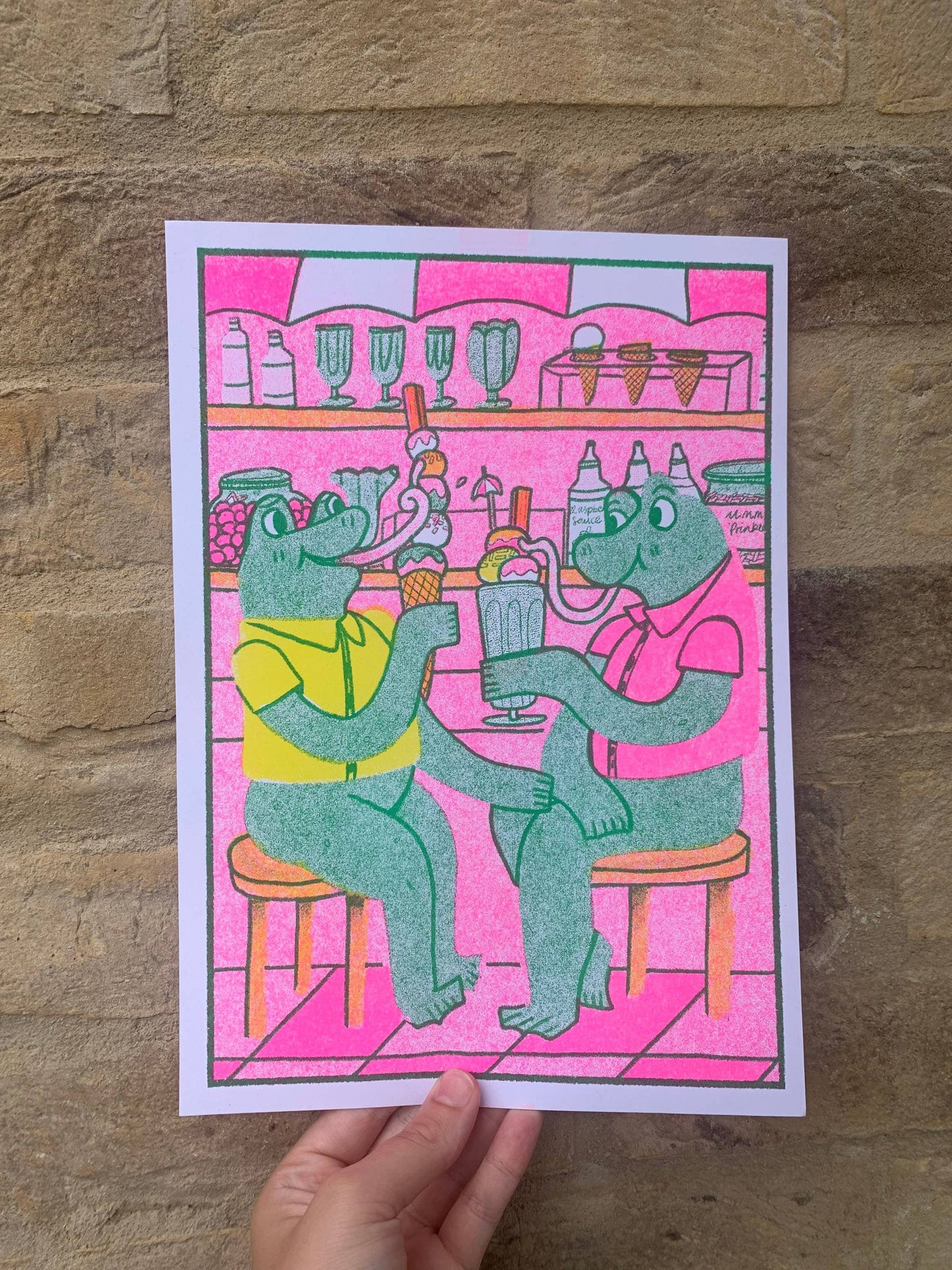 Ice Cream Parlour Frogs A4 Risograph Print