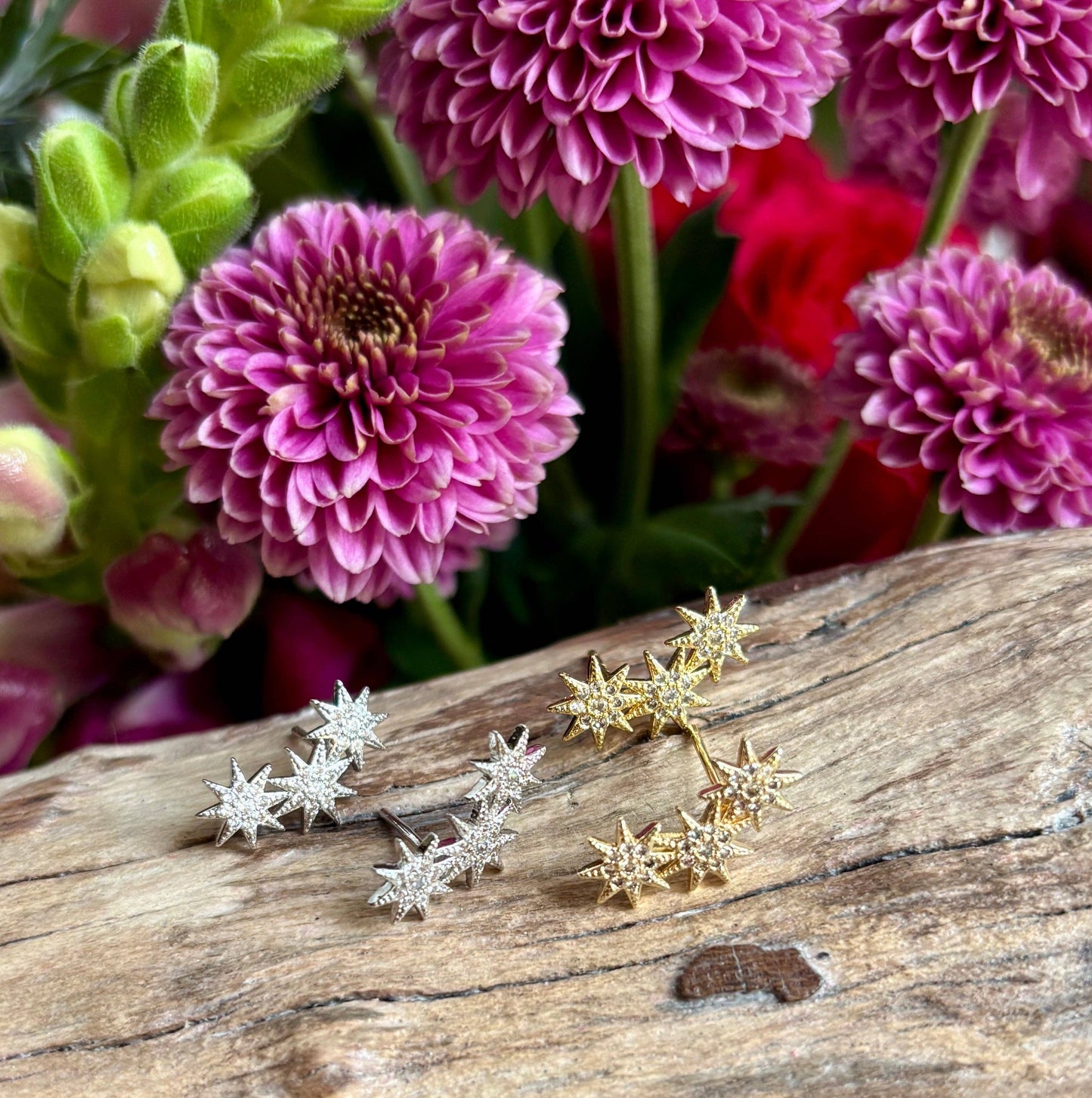 14ct Gold Plated Cubic Zirconia Triple Stars Climber Earrings - Available in Silver: Silver