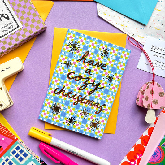 Have a cozy christmas patchwork christmas greetings card