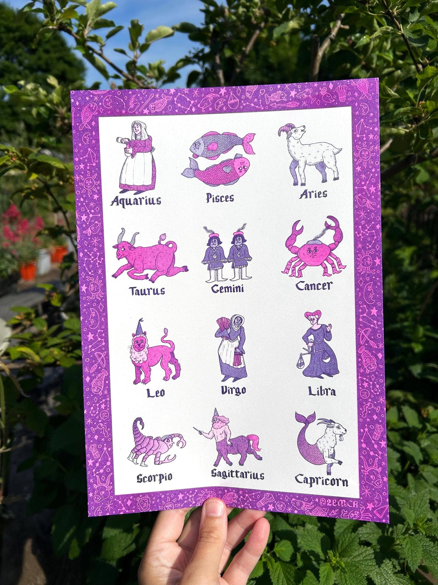 Medieval Illuminated Horoscope Risograph Print Poster