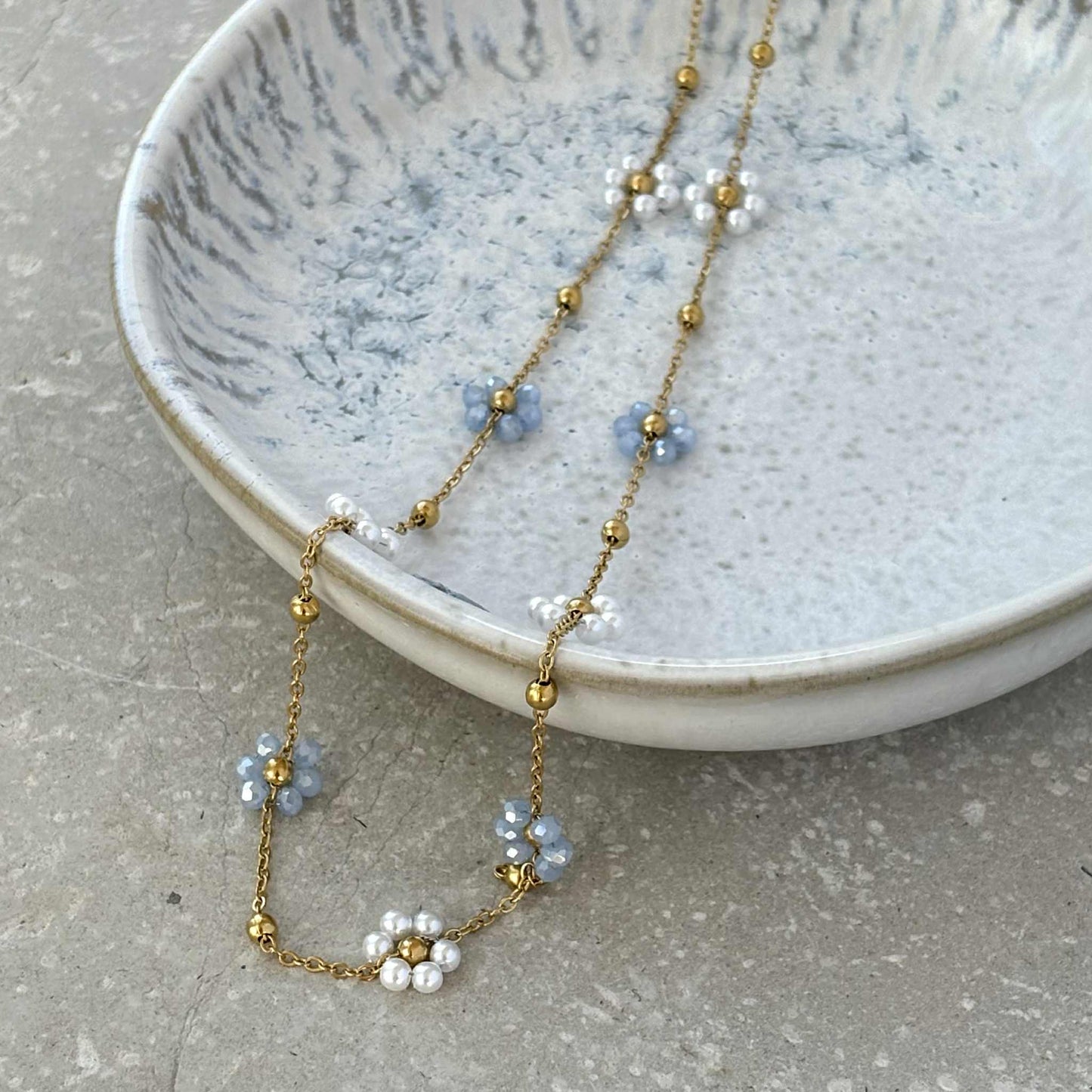 Tarnish Resistant Flower Beaded Necklace: Light Blue