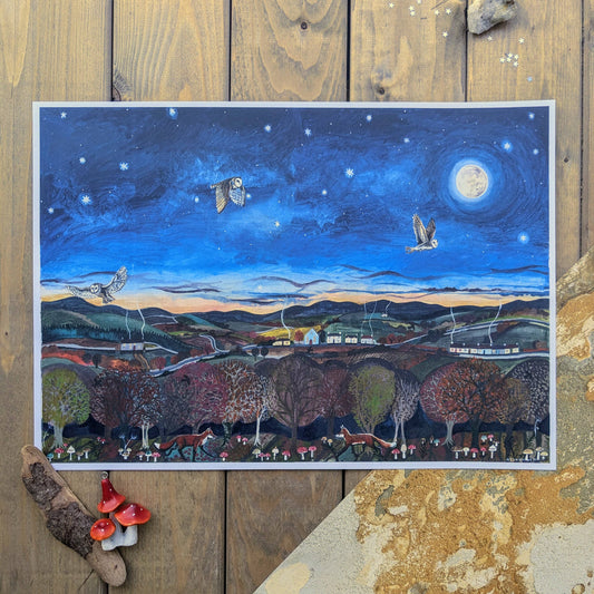 Owls By Moonlight A3 Poster Print