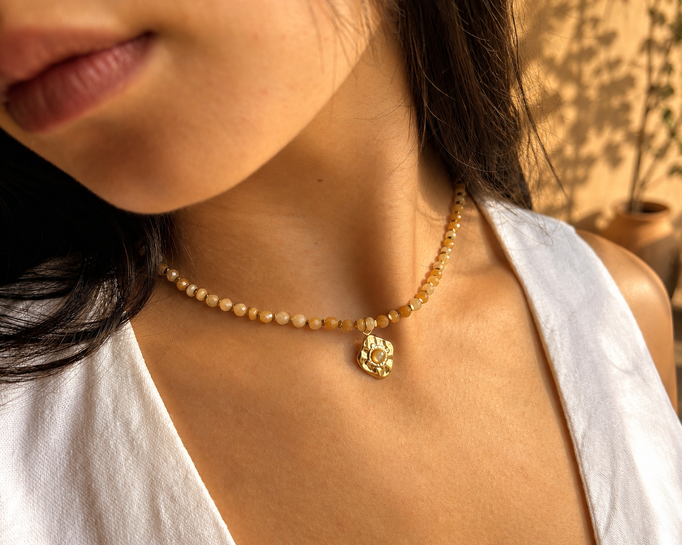 18ct Gold Plated Yellow Mother of Pearl Beads Necklace