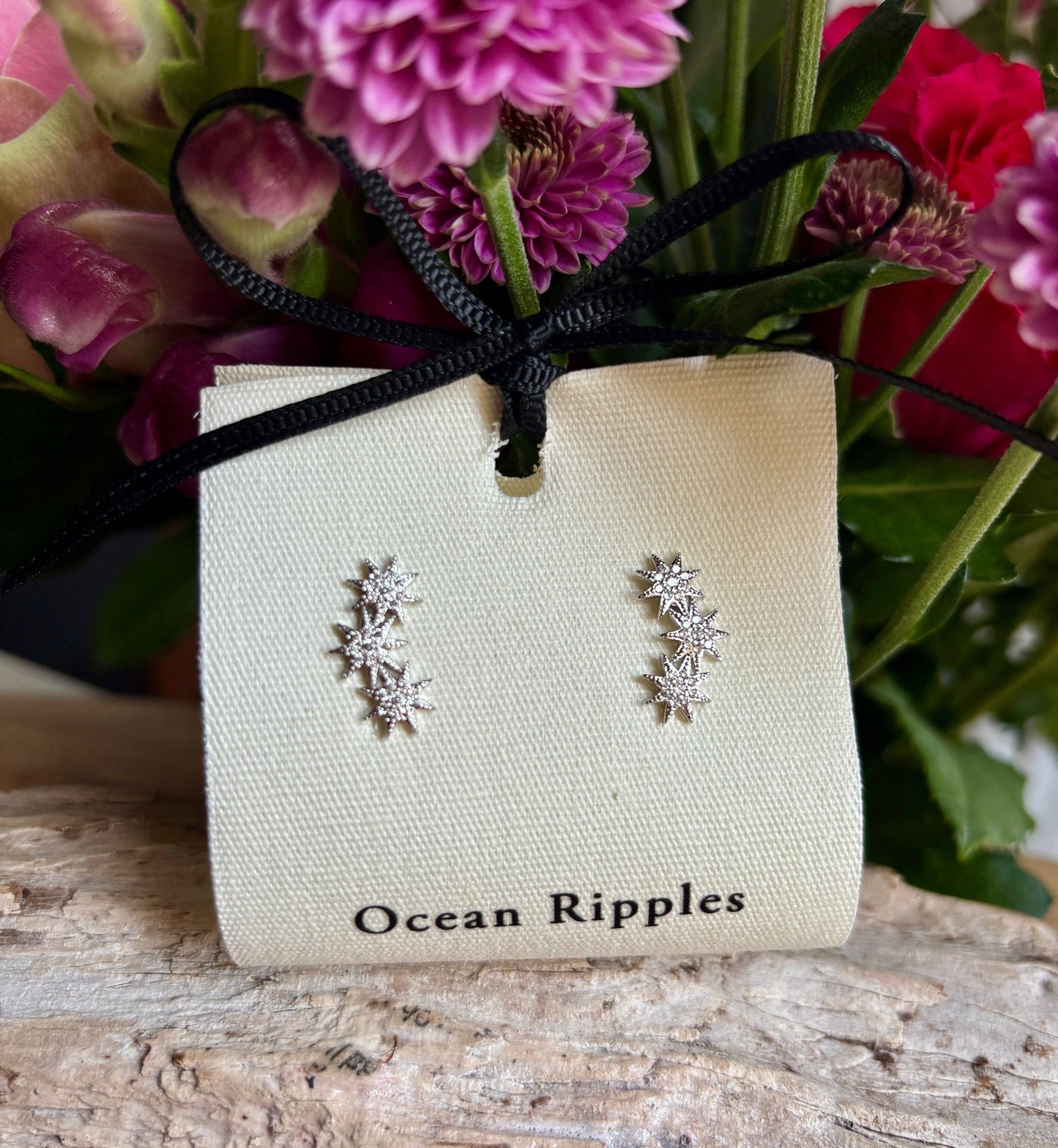 14ct Gold Plated Cubic Zirconia Triple Stars Climber Earrings - Available in Silver: Silver