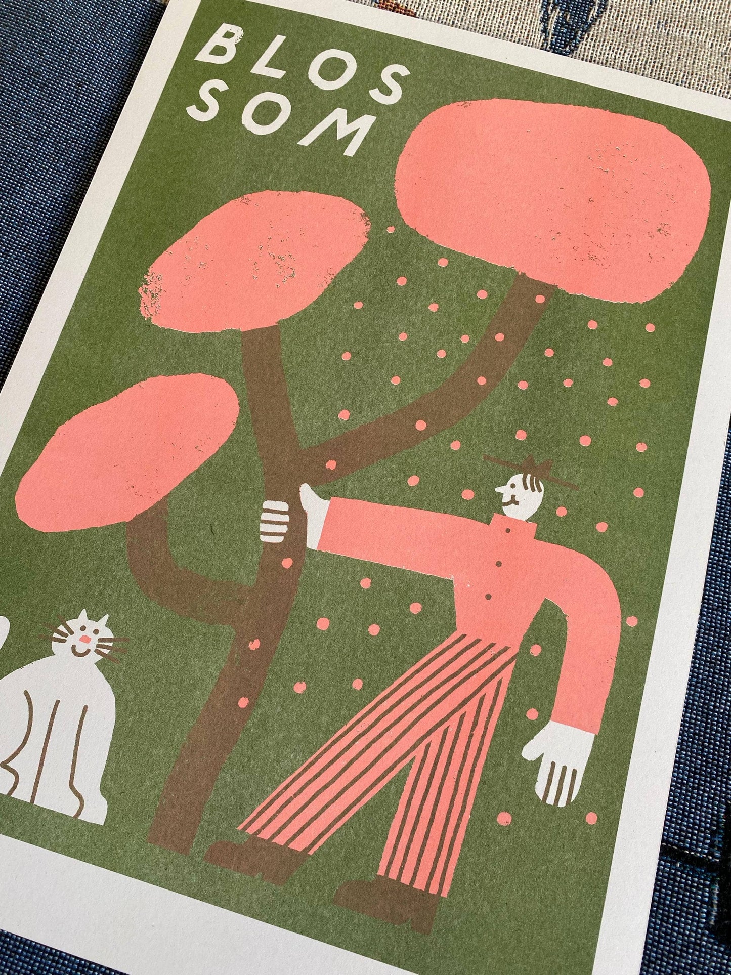 Man and cat shaking blossom riso print (A3)