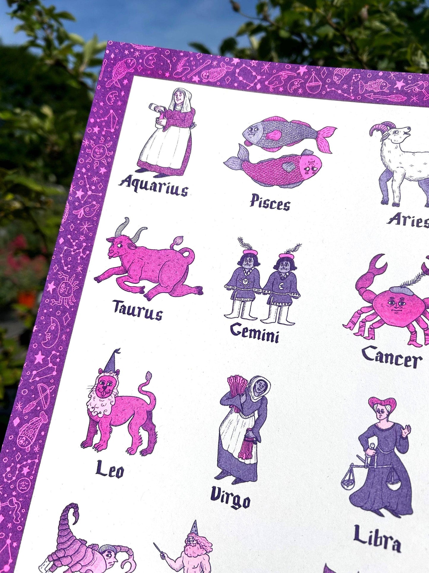 Medieval Illuminated Horoscope Risograph Print Poster