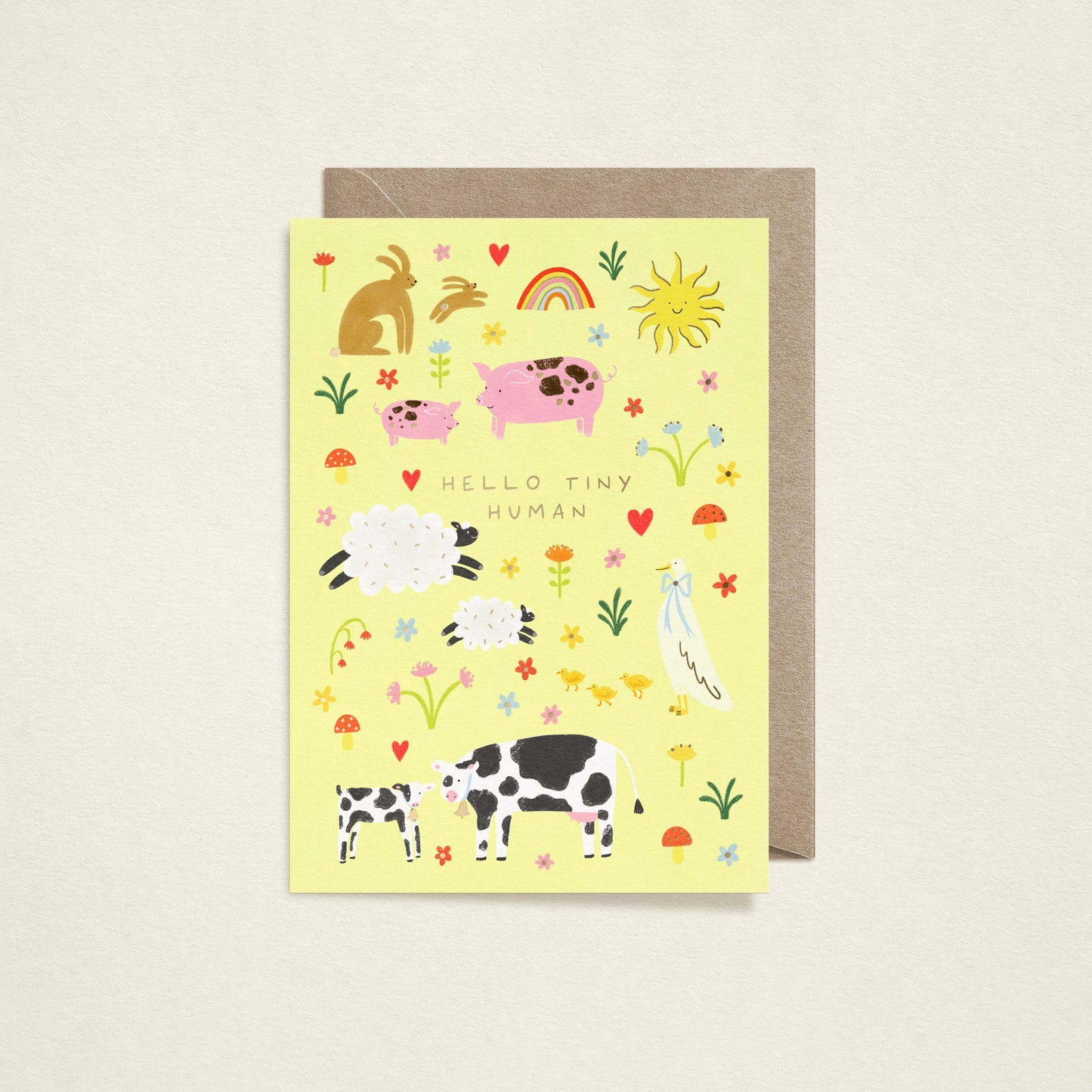 Hello Tiny Human Baby Card | Farm Animals Card | Gold Foiled