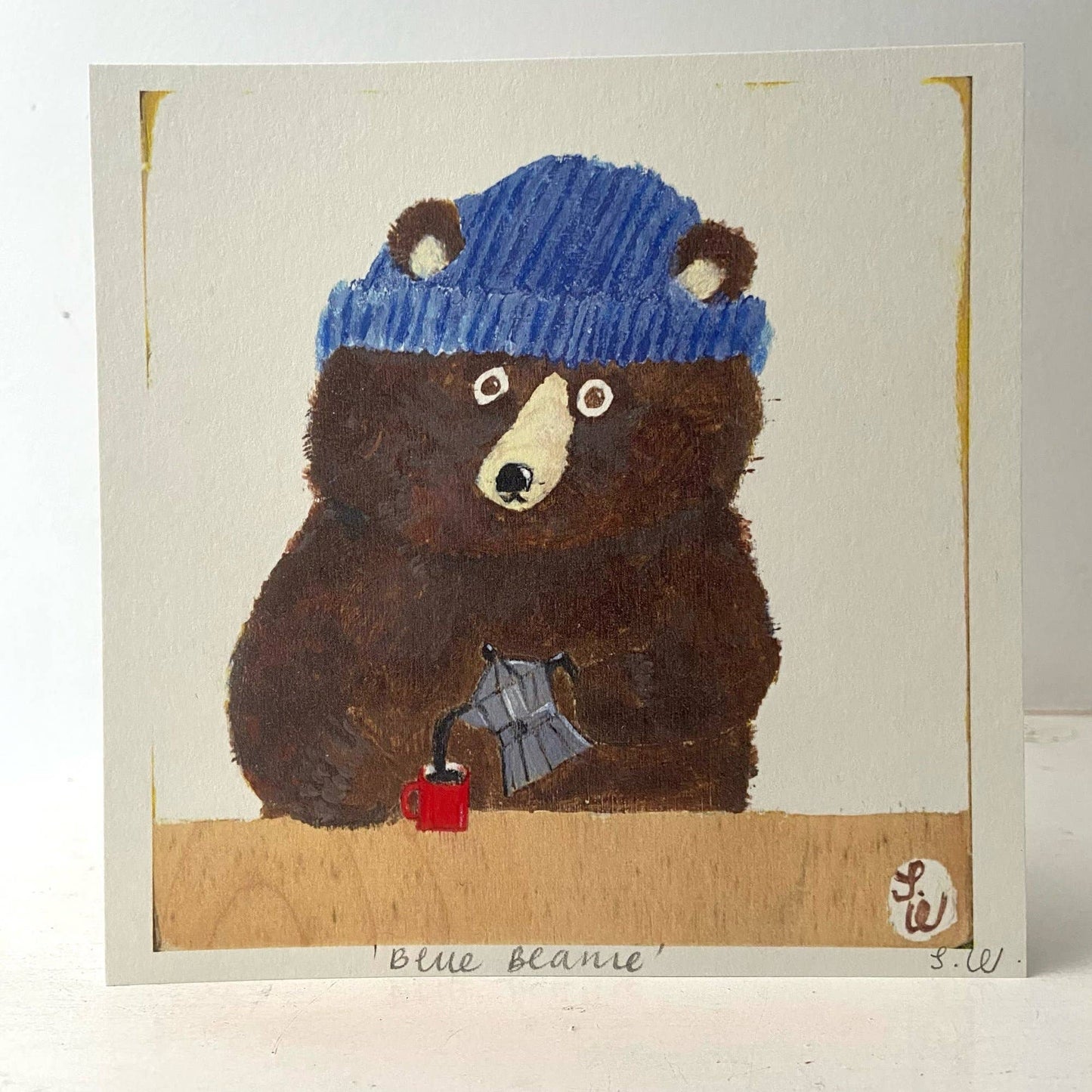 Small square art print -Blue Beanie Bear