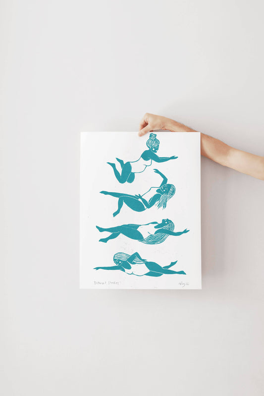 Different Strokes riso print, swimming, wild swimming art