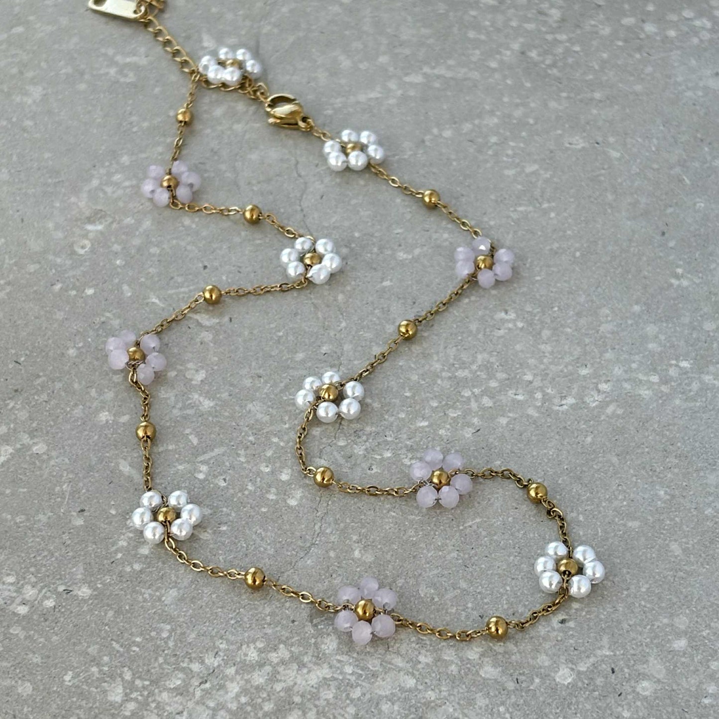 Tarnish Resistant Flower Beaded Necklace: Light Pink