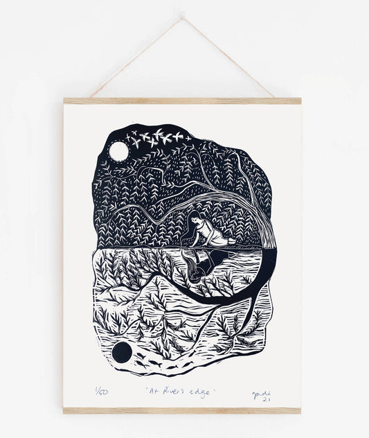 At River's Edge Linoprint A3
