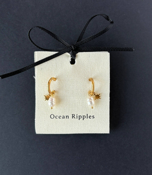 18ct Gold Plated Fresh Water Pearl Gold Star Huggie Earrings