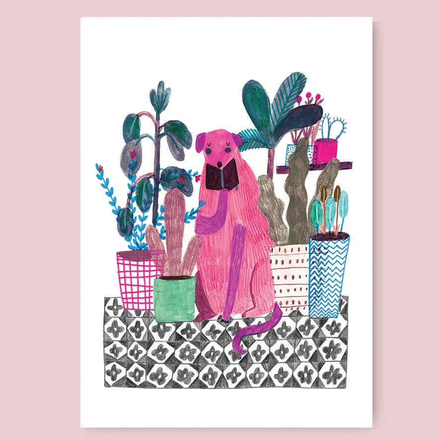 Pink Reading Dog A4 Print